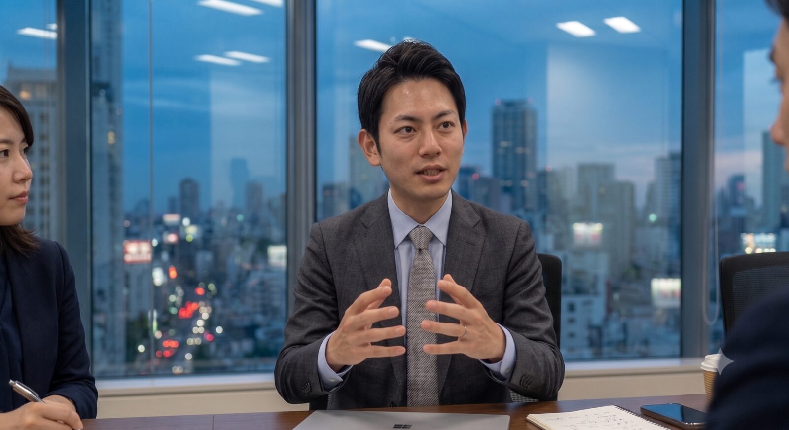 田中がホワイトボードの前で議論する様子